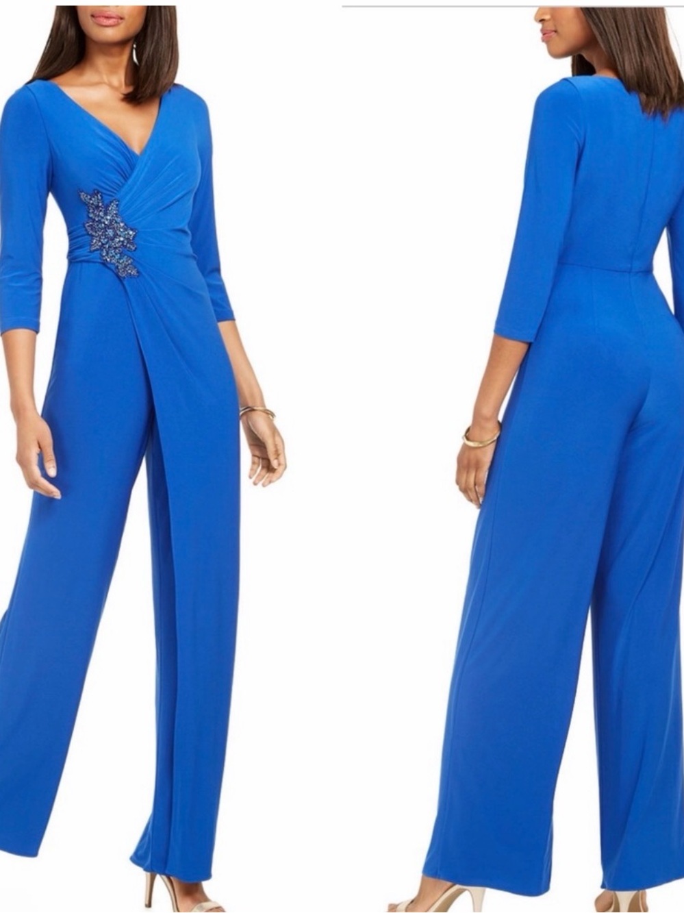 Adrianna Papell Cobalt Blue V-Neck Embellished Wide-Leg Jumpsuit